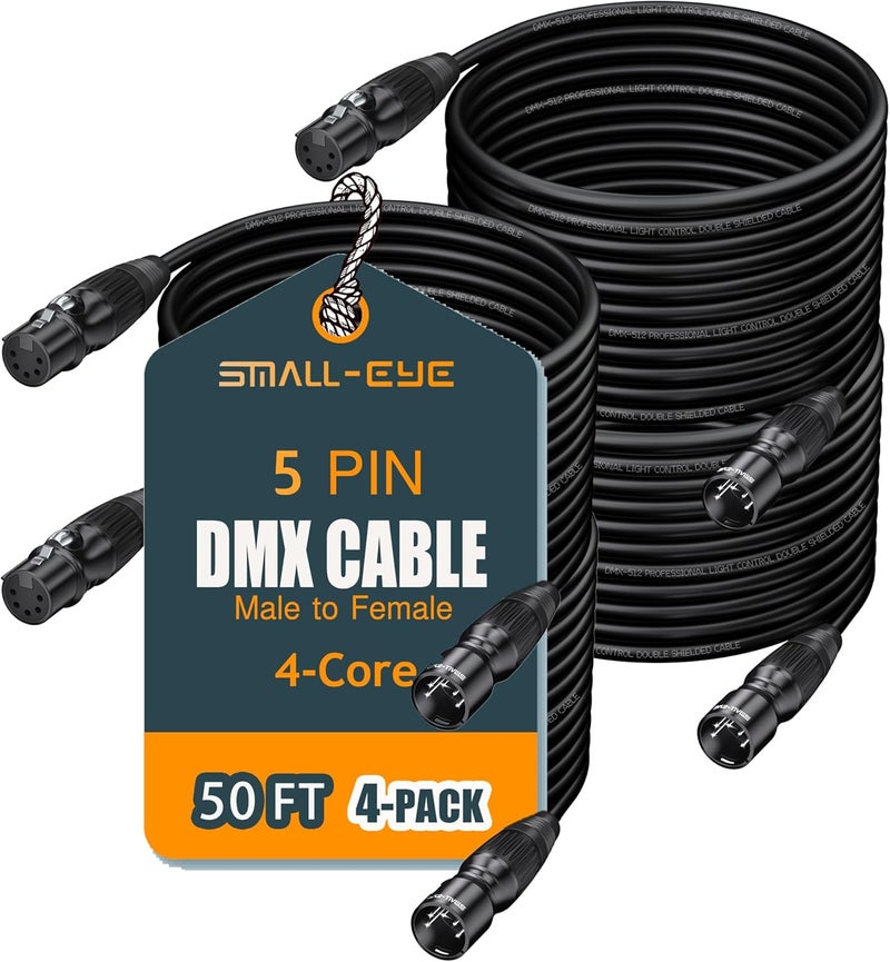SMALL-EYE 5 Pin DMX Cable 50 ft 4 Pack – 4-Core Male to Female Stage Lighting DMX512 Cable (50') - Image 1